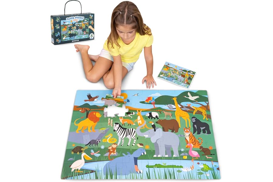 BONNYCO Giant Floor Puzzle of Jungle Animals with 48 Large Pieces. Safari Jigsaw Puzzles for Kids 36.2 x 24.4 in, Gifts for Boys and Girls, Educational Toys Ages 2-8