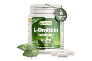 ‎GREENFOOD L-Ornithin, hochdosiert, 500mg - 120 Kapseln, vegan. Reines L-Ornithin – gewonnen aus natürlicher Fermentation. OHNE künstliche Zusätze - laborgeprüft. Von Greenfood.