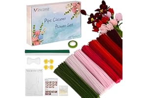 Vincona Lot de 420 cure-pipes à fleurs, pour le bricolage (7 couleurs), avec 20 tiges de fleurs, ruban, étamines et emballage de bouquet pour bouquet de fleurs, bricolage, grand rouge