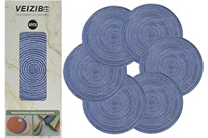 VEIZIBEE Tovagliette Lavabili Rotonde，Tovagliette intrecciati a mano，Antiscivolo，interni，Set di 6 Tovaglietta Colazione in tessuto intrecciato per cucina stile in europeo (Blu-Bianco, 38cm)