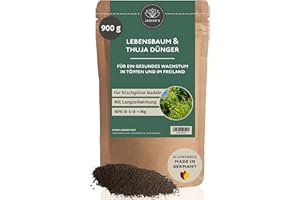 JASKER'S Bio Thuja Dünger Herbst 900 g - 100% Turbo Langzeitdünger - Koniferen Dünger Langzeit - Organisch und mit Eisen & viel Kalium für frischgrüne Nadeln - Tannendünger - Heckendünger Thuja Smaragd