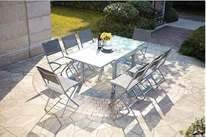 CONCEPT USINE - Salon de Jardin Aluminium Acier - Ensemble Mobilier Extérieur : Table Extensible Verre Trempé Rallonge Coulissante + 8 Chaises Pliables - Gris Clair - Design Molvina - Résiste à l'eau