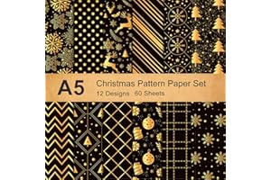 Whaline Lot de 60 feuilles de papier brillant double-face pour la fabrication de cartes et le scrapbooking 12 motifs de Noël dont flocon de neige, renne, sapin de Noël Noir/doré Format A5