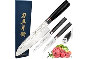 KENSHUI Couteau de cuisine martelé Couteau professionnel Cadeau de chef (set de 3 santoku)