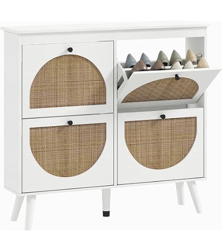 Armoire à Chaussures étroite En Rotin Naturel Avec 4 Portes - 8 étagères Réglables - Idéale Pour L'entrée - 100x24x88 Cm