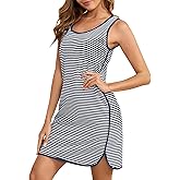 Damen  rmellose Streifen Nachthemd Sommer U-Ausschnitt Baumwolle Schlafshirt Kurz Sleepshirt Nachtkleid