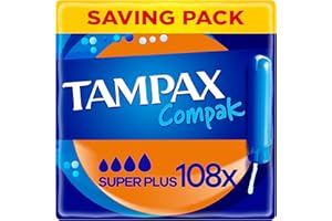 Tampax Compak Tampons, Super Plus with Applicator, 108 Tampons (18 x 6 Packs), Leak Protection and Discretion, Super Absorbent