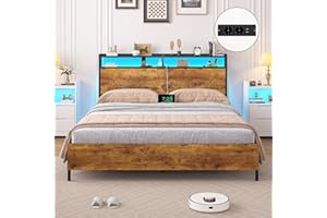 ‎BRINLAWB Brinlawb Bett 140x200 mit Lattenrost aus Metall, LED Beleuchtung, Ladestation (2 AC-Steckdosen,2 USB-Anschlüsse) Metallbett 140x200 cm mit Holzkopfteil und Stauraum Doppelbett Bettgestell 140x200 cm