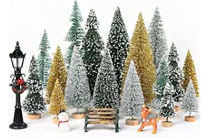 Fayavoo 21Pcs Mini Christmas Tree Bottle Brush Trees, Christmas Village sets with Snowman, Reindeer, Bench, Small Christmas Trees for Mini Christmas Ornaments Table Decor Christmas Cake Decorations