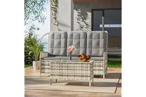 Gotland 3-Sitzer Rattan Gartenmöbel Set mit 118° Rückenlehne, verstellbar, wetterfeste Outdoor Lounge aus wasserfestem Polyrattan für Terrasse & Garten Möbel draußen(Grau)