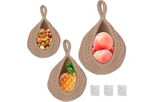 FORNORM 3 Piezas Cestas Mimbre Tejidas a Mano, Cesta Colgante de Frutas Bolsillo de Malla Organizador Con Ganchos, Cesta Colgante para Frutas, Verduras, Flores y Juguetes de Peluche