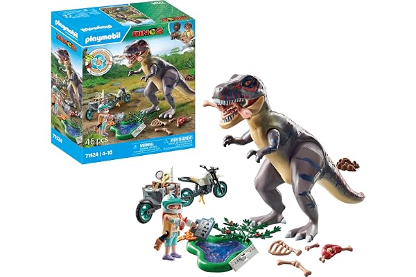 Playmobil 71524 Explorateur avec Moto et tyrannosaure - Recherche du T-Rex - Gamme Dinos fabriquée avec Plus de 80% de matériaux recyclés ou biosourcés en Moyenne - Univers Dinos - Dès 4 Ans