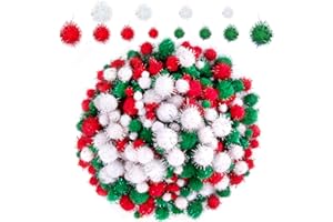 BQTQ 1200 Pieces Christmas Pom Pom Glitter Red White Green Mini Pom Pom Fluffy Tinsel Pom Pom Balls for Craft Making and Christmas Decorations, 4 Sizes