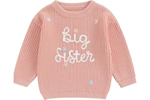 BUFARROMIO Little Baby Girls Casual Sweater Big Sister Letter Flower Embroidery Long Sleeve Knitwear Round Neck Fall Winter Pullover Top