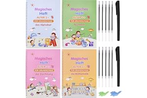 Winthai 4 Stück Deutsch Magisches Heft, Magisches übungsheft mit 12 Stift, Groove Calligraphy Wiederverwendbares Handschrift Nachziehen für Kinder Kalligraphie Zahlen Zeichnung Buchstaben