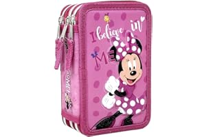 Clondo Astuccio 3 Scomparti 3D Bambini, Per Minni Fan, Triplo Riempito, 44 Accessori Scuola Elementare Bambina, 3 Zip, 20 Centimetri