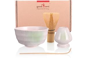 ‎GOODWEI Goodwei Zestaw matcha z miotłą matcha, miską do matchy i uchwytem na miotłę z ceramiki | zestaw upominkowy (Shiro)