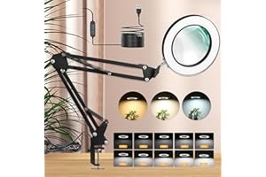 CANMEIJIA 10X Magnifying Glass with Light,Dimmable LED Magnifying Lamp with 3 Color Modes,Black Magnifier with Light Adjustable Swivel Arm,Magnifying Glasses for Hobbies Reading Work