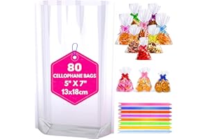 MAARA Small Cellophane Bags, Pack Of 80 (5"X7"/13X18cm) Clear Food Safe Sweet Bags, Flat Bottom Plastic Party Treat Bags With Pull Bows For Cookies, Biscuits, Clear Gift Bags