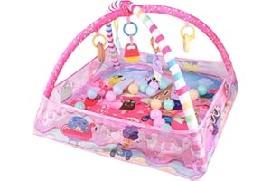 Bebamour Baby Playmats Floor Gyms from Birth, 18 Balls, 5PCS Hanging Toys, Soft Baby Play Activity Gym Playmats Floor Gyms for 0-24Months (Pink)