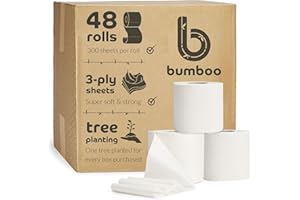 Bumboo Toilet Roll 48 Pack | Toilet Paper 3 ply, 300 Sheets | Made from mixed fibres | Plastic-Free, Soft, Strong, Eco-Friendly & Biodegradable Toilet Tissue
