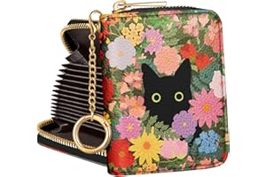 Hautebella Credit Card Holder Women Cute Small Ladies Teen Girls Female RFID Leather Cardholder Wallets with Keychain Accordion Organizer Purse Flowers Cat Kawaii Girly Aesthetic Print Unique Zipper