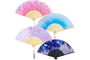 ANECO 4 Pieces Folding Fans Bamboo Handheld Fans Silk Fabric Fans Hand Holding Fans For Party, Wedding, Gifts, Wall Decoration