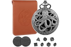 LKKCHER DESIGN Mini DND Dice Set Steampunk Hollow Octopus Pocket Watch Bowl, 7-Piece Polyhedral Metal D&D Dice Set, DND Gifts with Leather Bag, Role Playing Board Game Accessories Dice, Dark Silver