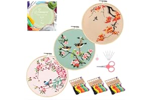 Jecanori Embroidery Starter Kit, 3 Pack Cross Stitch Kit with Floral or Plant Pattern and Instructions, Full Range of Embroidery Kits, Embroidery Hoops, Color Threads and Tool