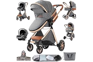 Sianldcone Kinderwagen 3 in 1, Hochwertige Stoffe Kinderwagen Set, Zwei-Wege-Schiebefunktion Reisesysteme, Offene Sicht Kombikinderwagen 3 in 1 Komplettset (V9 Grey)