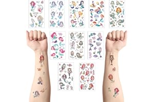 HONGP 10 Pcs Mermaid Temporary Tattoos Stickers for Kids,Mermaid Party Bag Filler Favors Cute Fake Tattoos Stickers for Kids Boys Girls School Rewards Gifts