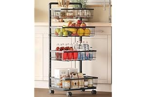 UMDONX Vegetable Storage Rack 4 Tier Metal Kitchen Trolley on Wheels, Fruit Veg Cart Organiser Shelfing Unit, for Kitchen Bedroom Bathroom (Black 42x32x87cm)