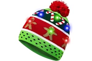 HOTUVEP Light Up Christmas Hat, Glow In The Dark Christmas Cap with Replaceable Battery, Unisex LED Santa Hats, Xmas Beanie Knitted Hat Christmas Party Cap for Kids Adults