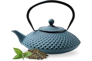 Tealøv Kambin THEIERE FONTE1,25 LITER - Théière en Fonte avec Infuseur - Entièrement émaillée de l'intérieur - Prépare Une Tasse de Thé Parfaite – Design Authentique Japonais à Picots - Bleu