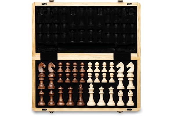 A&A Jeu d'échecs magnétique pliable en bois de 38,1 cm avec pièces d'échecs Staunton de 7,6 cm de hauteur - boîte en pin avec incrustation en noyer et érable