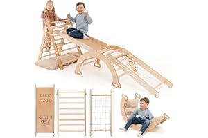 GOODEVAS Extra Groß 5-in-1 Indoor Klettergerüst für Kleinkinder - Dreiecksleiter, Kletterbogen & Kletterrampe & Netz, Kissen, Montessori Klettergerüst, Kinder Holzspielplatz, für Kinder von 1-5 Jahren