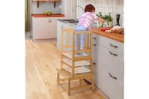 COSYLAND Height Adjustable Kids Kitchen Step Stool – Sturdy Learning Helper Standing Tower for Kitchen Counter, Bathroom – Nursery Kids Stand Helper Tower (Natural)