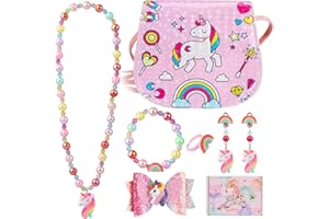 HIFOT Unicorno Borsetta Gioielli Glitter Anelli Bracciali Collane Fermagli per Capelli Orecchini Crossbody Set, Bomboniere per Vesti bene e Giochi di Ruolo