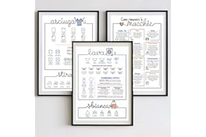 GHIBLI Set di 3 Poster per Lavanderia in italiano. Quadri Guida al Lavaggio, Asciugatura e Smacchiatura. Quadretto Decorazione Bagno, Lavatrice, Rimuovi Macchie, Stampa Simboli Lavaggio, Cura Vestiti