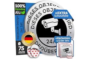 ‎SCHILDERBOXX SCHILDERBOXX® 2er Set Achtung Videoüberwachung Schild Klein [Ø75mm, 100% Alu, 3M Tape] - Aufkleber Kameraüberwachung, Grundstück Videoüberwacht, Video Überwachung Privatgrundstück, Kamera Überwacht