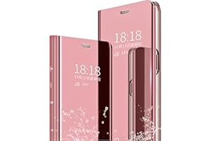 SZMLOGB MLOTECH Hülle für Samsung Galaxy S24 Handyhülle mit Gehärtetes Glas schutzfolie Flip Transluzent View Miroir Cover Anti-Schock Spiegel Standfunktion Schutzhülle Roségold
