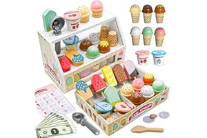 DOLOOWEE Wooden Ice Cream Toys for Kids Age 3+, Wooden Ice Cream Cart Role Play Toys for 3 4 5 6 Years Old Girls Boys Gifts for Birthday Christmas