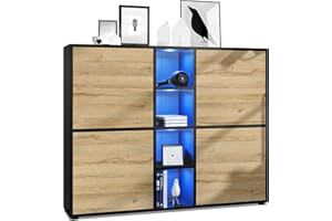Vladon Credenza Cuba V3, nero opaco/rovere naturale incl. LED - Credenza moderna con 12 scomparti (130,5 x 105,5 x 35,5 cm)