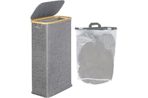 efluky Cesto Ropa Sucia con Tapa 63L, Cesta Ropa Sucia Estrecho de Bambú, Cesta de Almacenamiento, Cubo Ropa Sucia Pequeño Plegable para Baño, Dormitorio, Lavadero, Gris Azulado