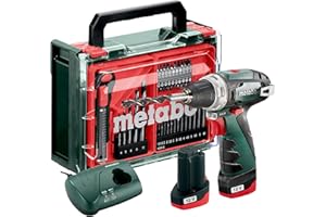 metabo Trapano avvitatore a batteria PowerMaxx BS Basic Set – 12 V, coppia 34 Nm, 2 marce, mandrino a sgancio rapido, luce LED, gancio per cintura, compatto – Include 2 batterie, caricabatterie, set