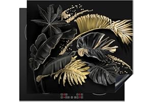 KitchenYeah© Copertura Tappetino Piano Induzione 60x52 cm Cucina Coprifornelli Protezione per Piano Induzione Foglie - Nero - Oro