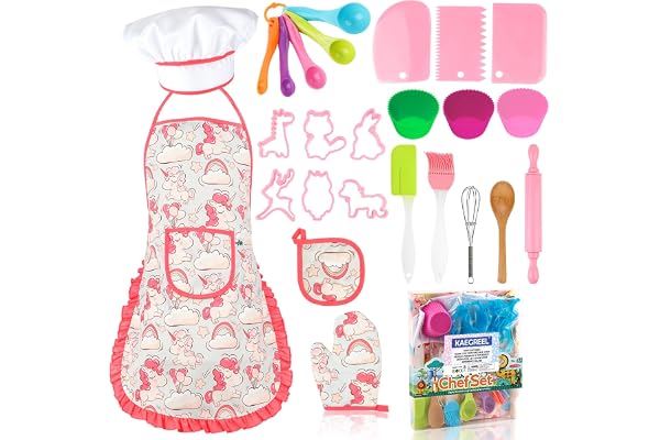 KAEGREEL Kit Petit Chef Cuisine Enfant avec Tablier Licorne, 26 Pièces Jouet Cuisine Ustensile avec Toque Cuillères Fouet, Chef Jeu de Rôle Cadeaux pour Garçons Filles 3 4 5 6 7 Ans (Rose)
