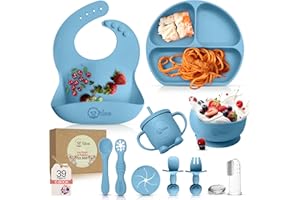 O'doe 11-teilig Baby LED-Entwöhnungszubehör für Kleinkinder, Babyfütterungsset | Saugnapf-Silikon-Babyschale, selbstverzehrende Utensilien mit Löffeln, Tassen, Lätzchen, Essteller-Set mit | Blau, V1