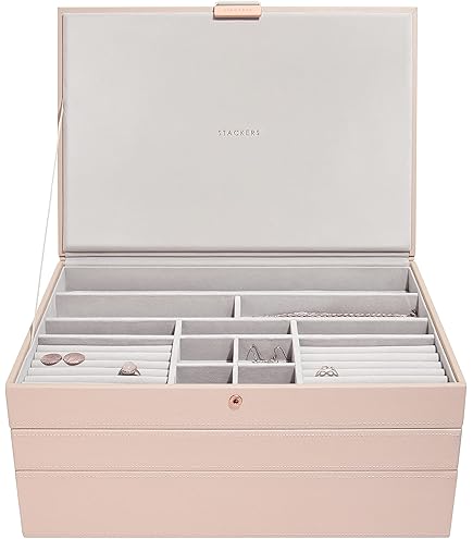Boîte à Bijoux Stackers - Organisateur Colliers - Rose Pâle, Velours Gris - 25x36x4 Cm