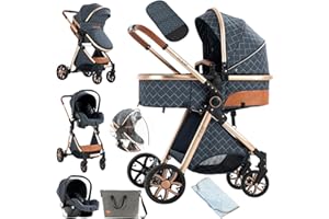 NADDLILY Poussette 3 en 1, Poussette Bebe avec Conception Portable Pliable en Un Clic, Pousette 3 en 1 avec Poussée Réversible Bidirectionnelle, Poussette Canne avec Accessoires (V9 Blue)